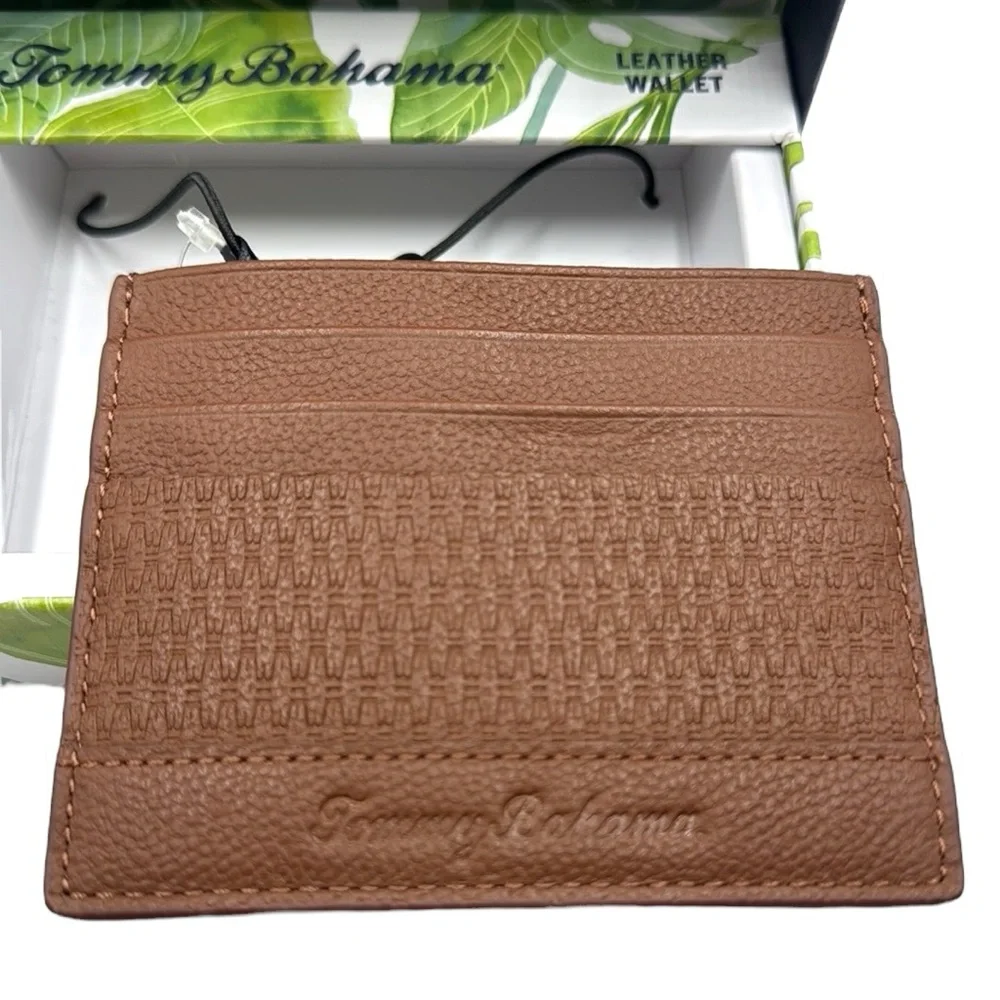 Tommy Bahama Tan Basket Weave Leather Card Case Slim Wallet Men's